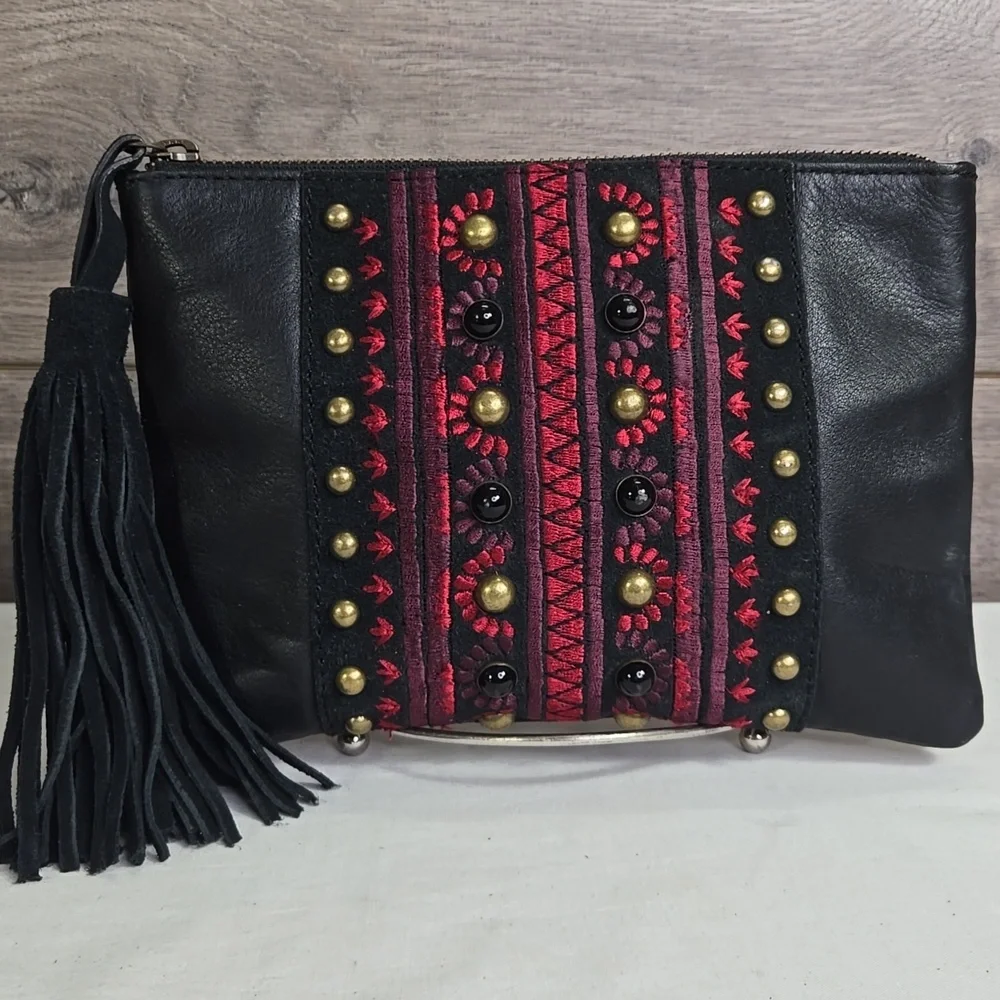 Lucky Brand Black and Red Embroidered Leather Clutch with Tassel